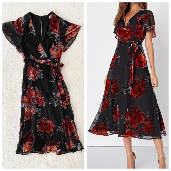 Lulus Sweetest Impression Black Floral Velvet Tie-Front Midi Dress Large - Picture 1 of 8